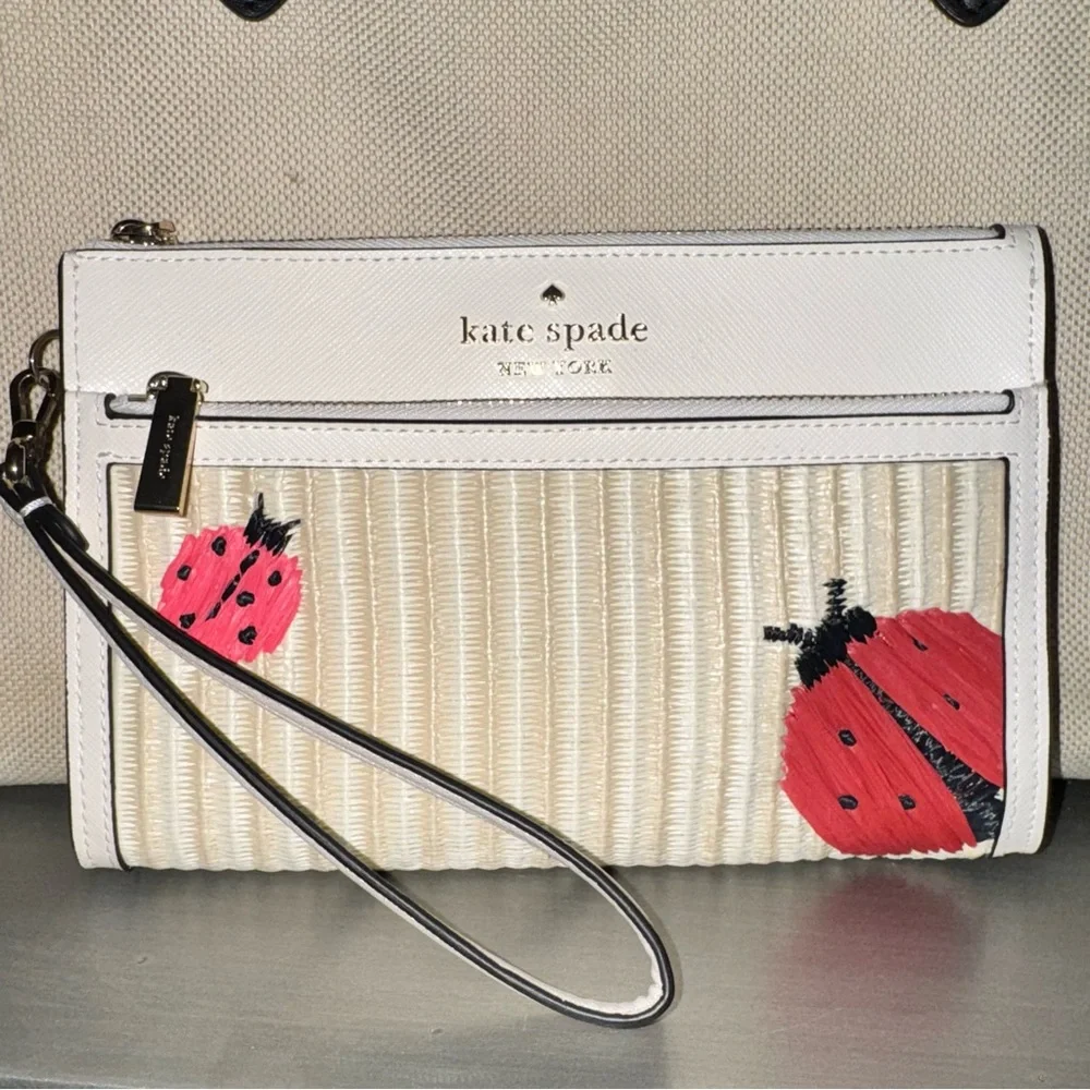 Kate Spade Dottie Ladybug Embroidered Natural Straw dbl zip Wristlet - NWT $179